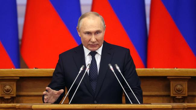 Vladimir Putin delivers a speech in St Petersburg on Wednesday. Picture: AFP