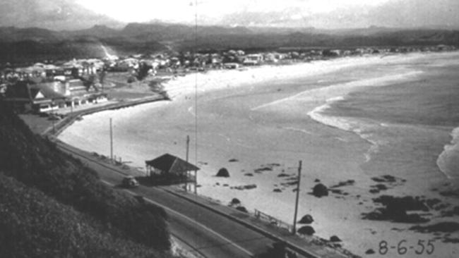 Kirra Beach was slow to recover naturally from the February 1954 tropical cyclone. A year and a half later the beach in front of the Kirra Beach Pavilion was still very narrow, offering little protection from further storm damage. Photo: Unknown photographer, NSW Department of Lands archive 1955