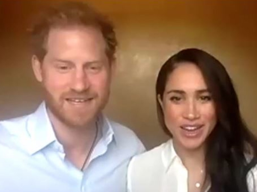 Prince Harry and Meghan Markle on a recent Zoom call with young leaders. Picture: Queen's Commonwealth Trust