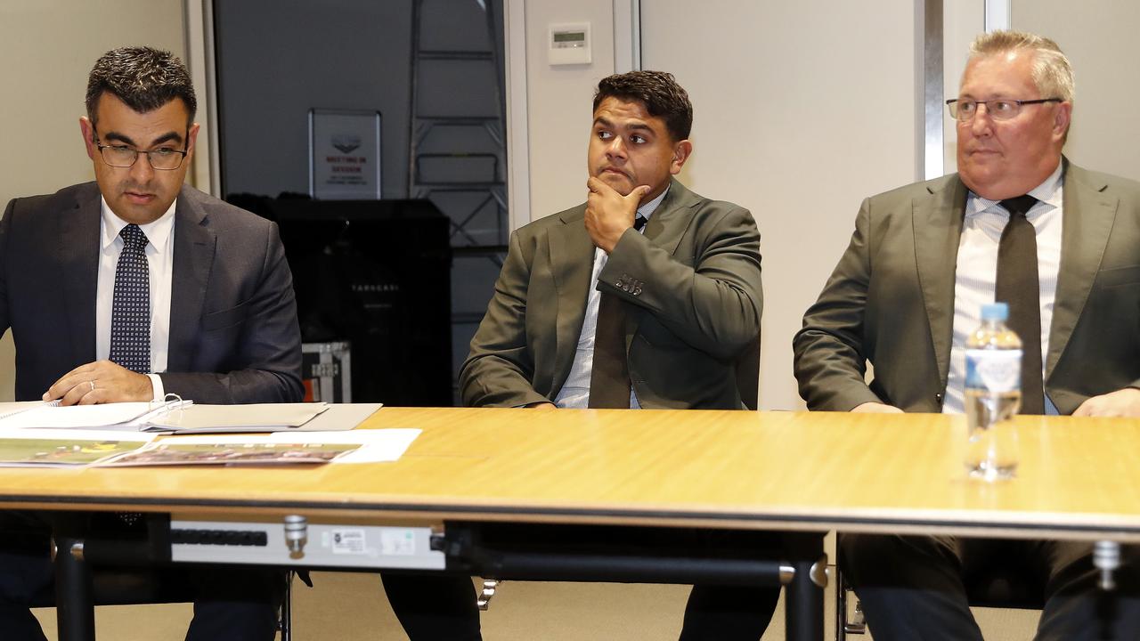 NRL judiciary hearings at NRL headquarters in Moore Park. South Sydney fullback Latrell Mitchell (C) arrives to defend his charge of making dangerous contact with the head of David Nofoaluma. Picture: Toby Zerna