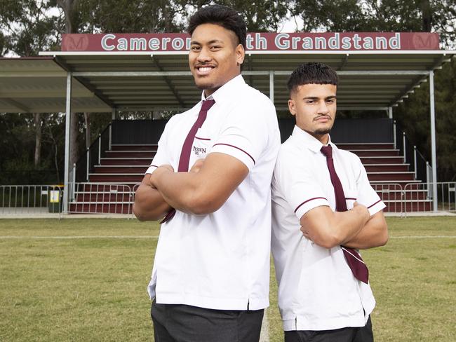 Xavier Stowers (L) and Jardyn Stilinovich-Watene posing at Marsden State High School at 106-130 Muchow Rd, Waterford West, Brisbane, 3rd of June 2021. (News Corp/Attila Csaszar)