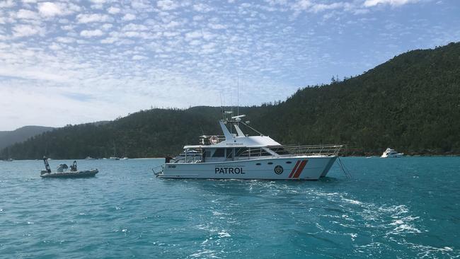 Queensland Boating and Fisheries Patrol boats patrolling Cid Harbour following two shark attacks, Friday, September 21, 2018. Picture: AAP Image/Queensland Department of Agriculture and Fisheries