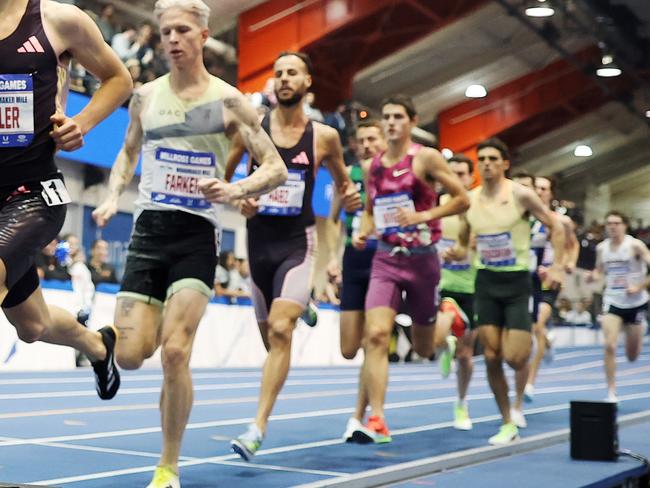 NEW YORK, NEW YORK - FEBRUARY 08: Yared Nuguse of the United States leads the pack in the Wanamaker Mile during the 117th Millrose Games at The Armory Track on February 08, 2025 in New York City. Nuguse set a new world record for the indoor mile. (Photo by Sarah Stier/Getty Images)