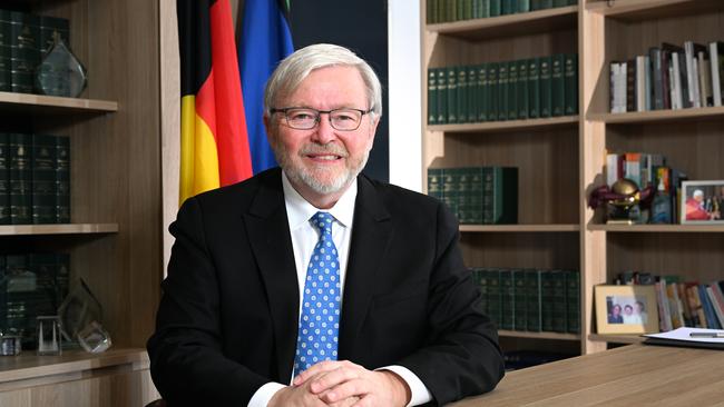 Former Australian Prime Minister Kevin Rudd poses for a portrait at his office in Brisbane, Tuesday, December 20, 2022 on the occasion of his appointment as ambassador. (AAP Image/Darren England)