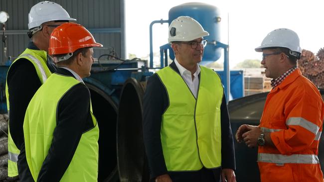 MP Nick McBride and Premier Steven Marshall touring Roundwood Solutions with managing director Stephen Telford and commercial manager Justin Jagger. Picture: Jessica Ball