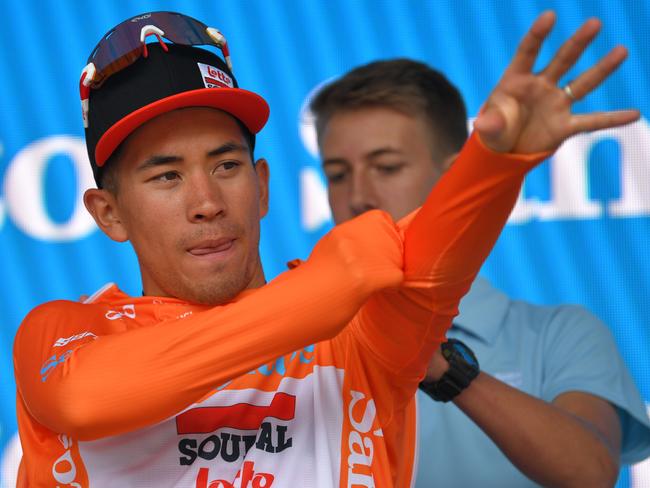 STIRLING, AUSTRALIA - JANUARY 22: Podium / Caleb Ewan of Australia and Team Lotto-Soudal Orange Leader Jersey / Celebration / during the 22nd Santos Tour Down Under 2020, Stage 2 a 135,5km stage from Woodside to Stirling 422m / TDU / @tourdownunder / #UCIWT / on January 22, 2020 in Stirling, Australia. (Photo by Tim de Waele/Getty Images)