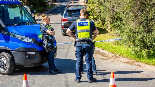 Police at the scene of the double fatal shooting in Parson St, Rye. Picture: Jake Nowakowski