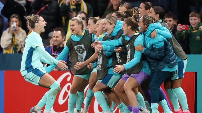 Steph Catley celebrates scoring a penalty. Picture: Mark Stewart