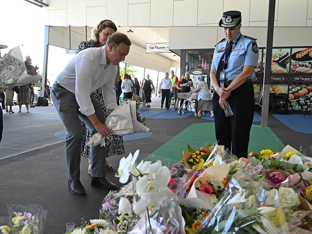 Premier Steven Miles visits the site to lay flowers with Police Commissioner Katarina Carroll after the murder of Vyleen White, 70, of Redbank Plains. pic: Lyndon Mechielsen/Courier Mail