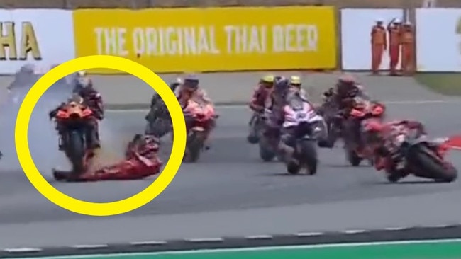 Francesco Bagnaia has his leg run over in a nasty crash.