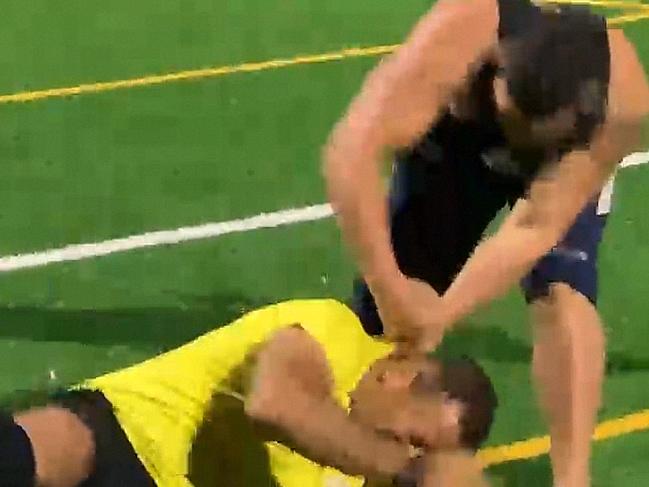 Police are investigating the incident that resulted in the referee’s jaw being broken. Picture: video screengrab