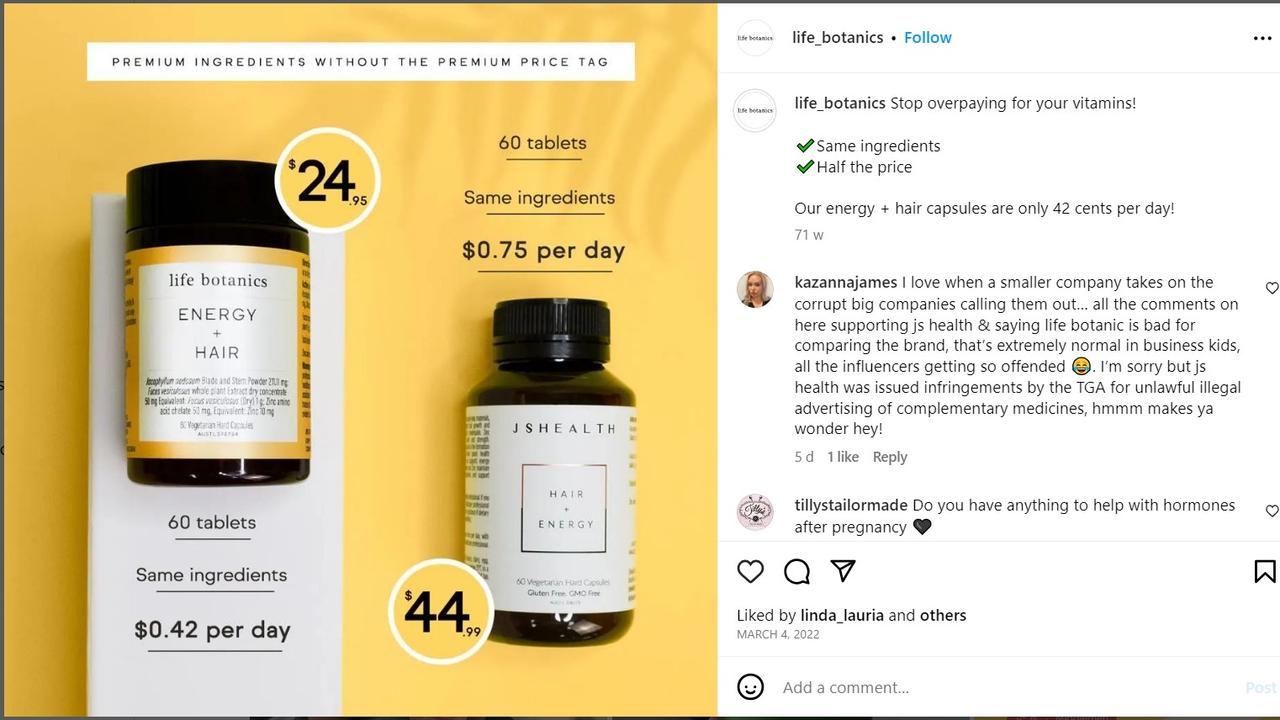 Mr Seervai uses marketing which compares his products to JS Health. Picture: Instagram