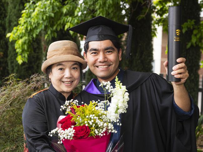 Tao Lin congratulates her son Likun Lin on his Juris Doctor graduation at a UniSQ graduation ceremony at The Empire, Tuesday, October 29, 2024. Picture: Kevin Farmer