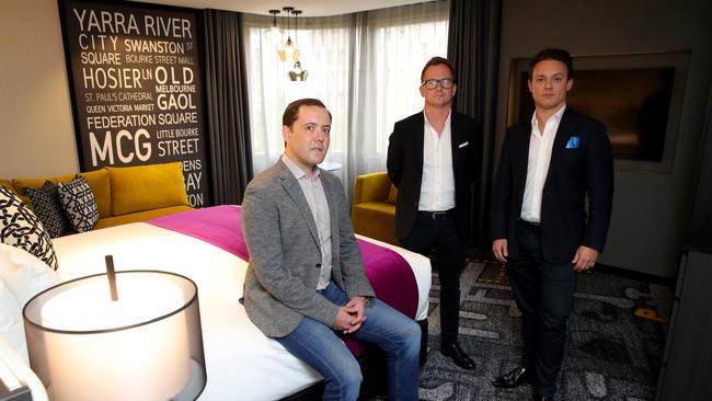 One hospital ready to go ... Ben Beck, left, Hugh Evans and Tull Roseby at a Pullman hotel in Melbourne on Monday. Picture: Stuart McEvoy