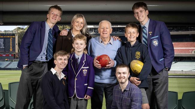 SA Football Hall of Fame inductee Daryl Hicks, centre, with his Edward Wilson, Annaliese, Jonathon, Angus and Luke Hicks and Alfred and Jack Wilson. Picture: Emma Brasier