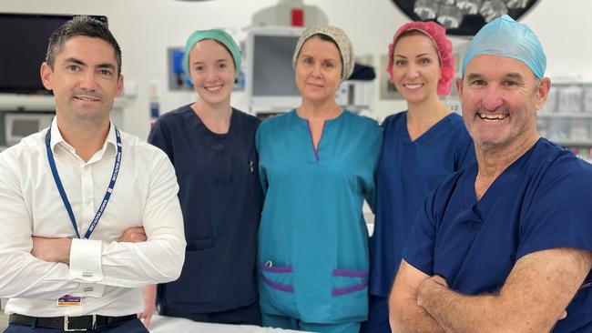 Cairns Private Hospital CEO Ben Tooth, with from left, register nurse Britney Marsh, perioperative services manager Jo O’Leary, registered nurse Rachel Reid and Dr Robert Pozzi, orthopaedic surgeon. Picture: Supplied