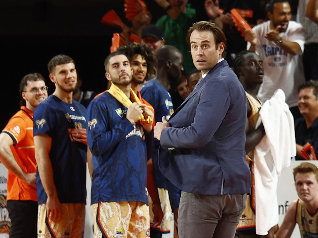 Kings coach Chase Buford leaves the court after being ejected in the final quarter. Picture: Brendan Radke