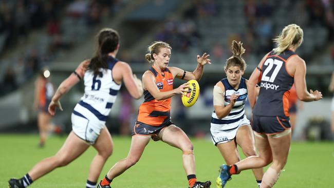 Britt Perry in action for GWS during the Giants’ AFLW clash against Geelong Cats. Picture: Matt King/Getty Images