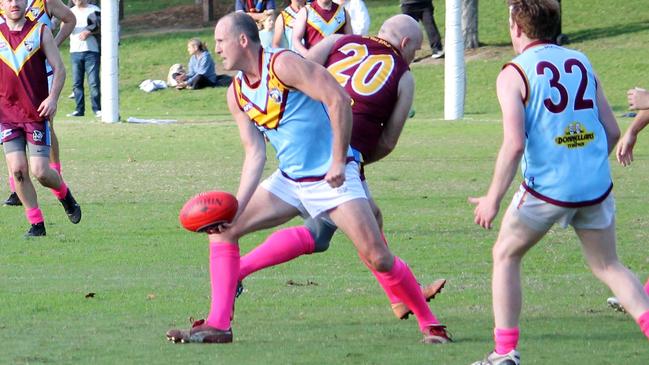 Hawthorn 200 gamer Mark Graham in action against the other Marcellin over 35’s team. Picture: Supplied.