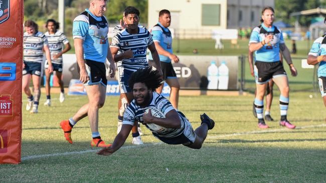 Caleb Niki scoring a try for Darwin Brothers in Round 9 of the 2023 NRL NT season. Picture: Pema Tamang Pakhrin