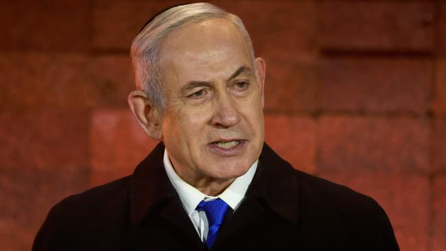 Israel's Prime Minister Benjamin Netanyahu speaks during a ceremony marking Holocaust Remembrance Day. Picture: AFP.