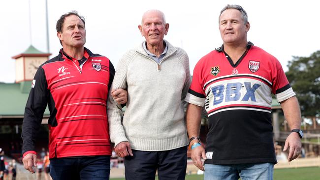 Oldest living North Sydney Bear Kevin Marr on his 93rd birthday accompanied by club legends Billy Moore, left, and Josh Stuart, right, at North Sydney Oval. Picture: Jane Dempster