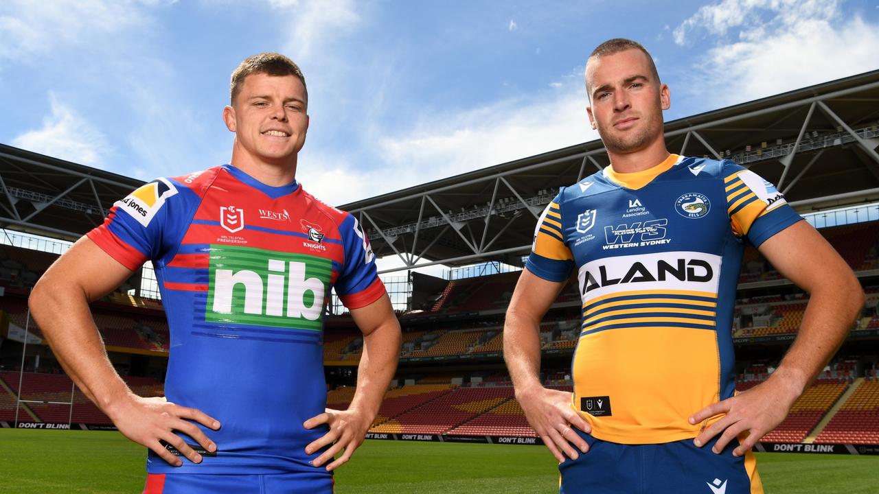 Newcastle Knights captain Jayden Brailey and Parramatta Eels captain Clint Gutherson. Picture: Dan Peled/Getty Images