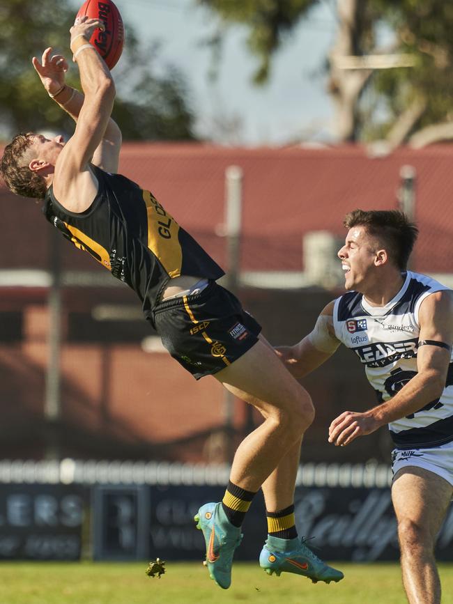 Tiger Lachie Hosie juggles a mark in his side's convincing win against South Adelaide at Glenelg Oval on Saturday. Picture: Matt Loxton.