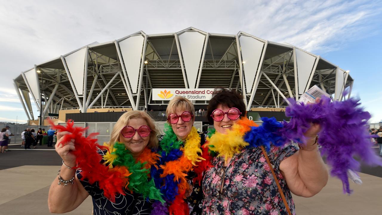 Elton John performs at the Queensland Country Bank Stadium in Townsville. Ellen Roberts, Mandy Gort and Heather Graham. Picture: Evan Morgan