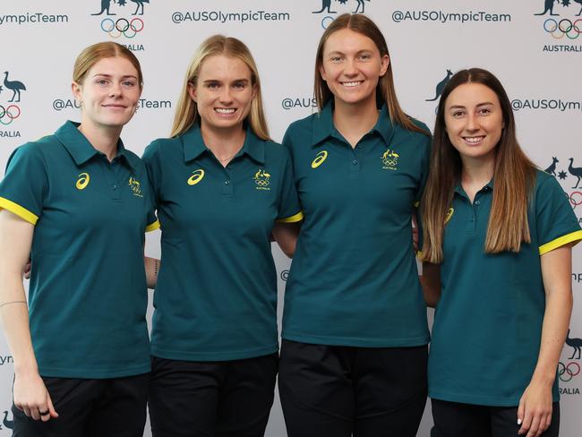 SYDNEY, AUSTRALIA - JUNE 04:  Matildas that will be attending their first Olympics (L-R) Cortnee Vine, Kaitlyn Torpey, Clare Hunt and Clare Wheeler of Australia pose during the Australian 2024 Paris Olympic Games Women's Football Squad Announcement at Sydney Olympic Park Sports Centre on June 04, 2024 in Sydney, Australia. (Photo by Matt King/Getty Images)