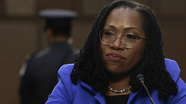 A single tear runs down the cheek of Supreme Court nominee Judge Ketanji Brown Jackson during her confirmation hearing before the Senate Judiciary Committee. Picture: AFP