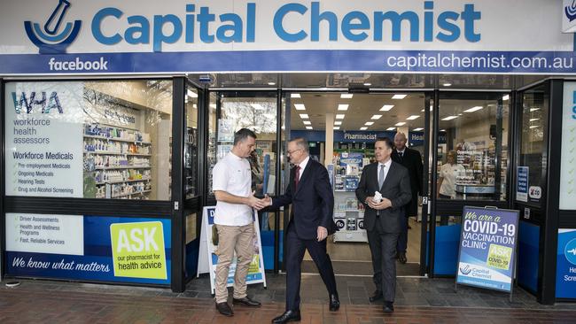 The Prime Minister Anthony Albanese visited Capital Chemist in Kingston. He met with Mark Butler and President of the Pharmacy Guild Trent Twomey last year. Picture: NCA NewsWire / Gary Ramage