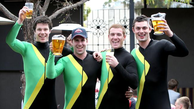 Ben Jefferies, Tim Webber, Matt Fuller and Alex Georgiou celebrating in 2012 after the Redlegs’ premiership.