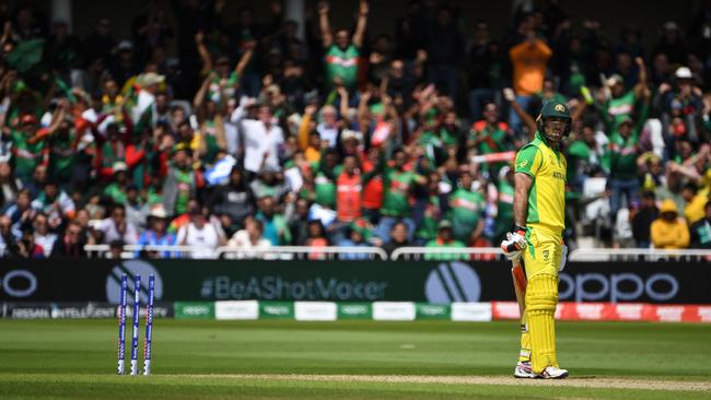 Australia's Glenn Maxwell is not amused after losing his wicket for a 10-ball 32.