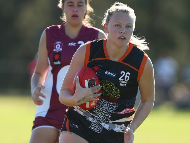 Montana McKinnon in action for the Central Allies (a composite SA/NT team), during the AFLW Under-18 Championships match against Queensland on the Gold Coast on July 12, 2019. Picture: CHRIS HYDE/AFL PHOTOS