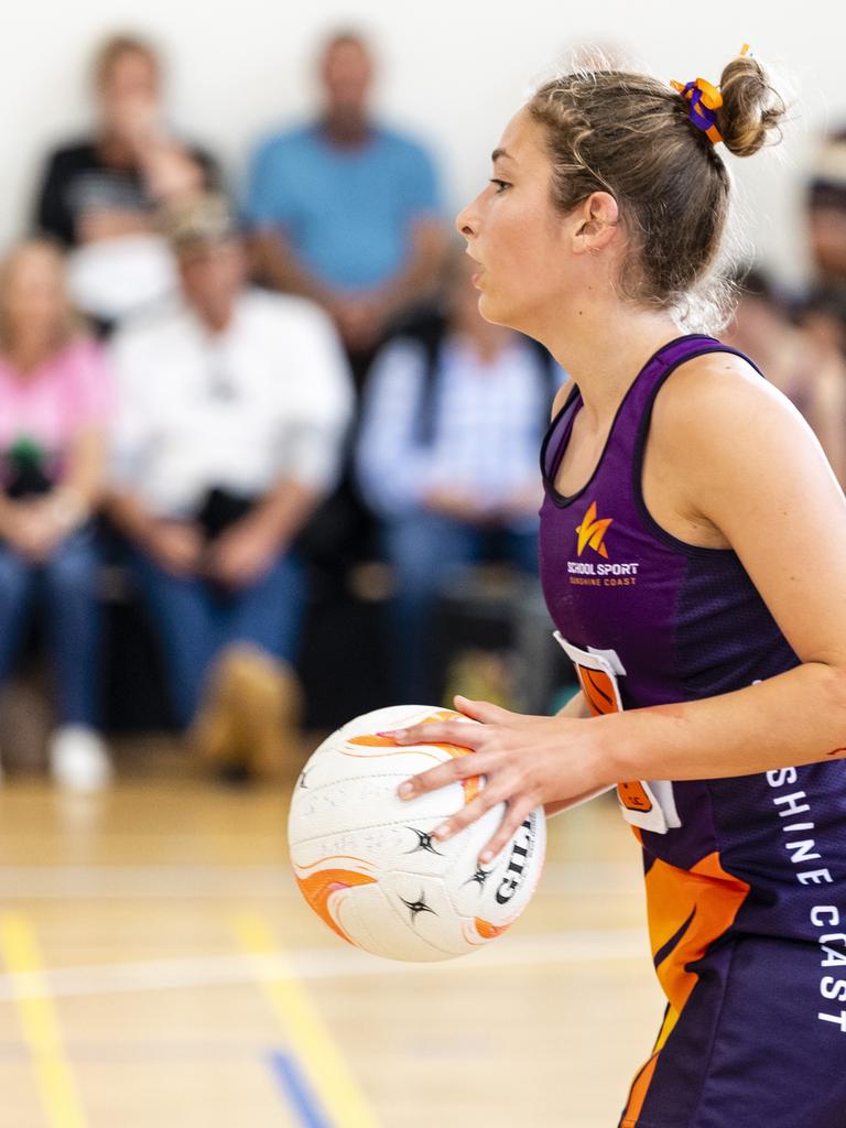 Ava Guthrie of Sunshine Coast against Darling Downs in Queensland School Sport 13-15 Years Girls Netball Championships at The Clive Berghofer Sports Centre, The Glennie School, Friday, May 6, 2022. Picture: Kevin Farmer