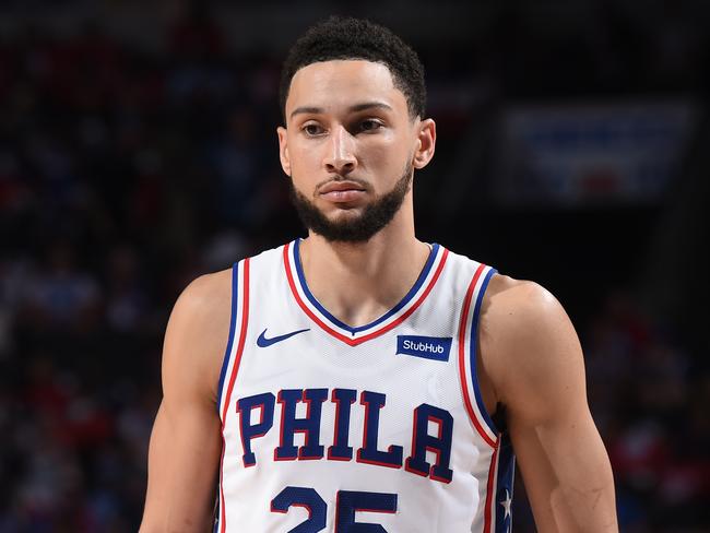 PHILADELPHIA, PA - JUNE 20: Ben Simmons #25 of the Philadelphia 76ers looks on during Round 2, Game 7 of the Eastern Conference Playoffs on June 20, 2021 at Wells Fargo Center in Philadelphia, Pennsylvania. NOTE TO USER: User expressly acknowledges and agrees that, by downloading and/or using this Photograph, user is consenting to the terms and conditions of the Getty Images License Agreement. Mandatory Copyright Notice: Copyright 2021 NBAE (Photo by David Dow/NBAE via Getty Images)