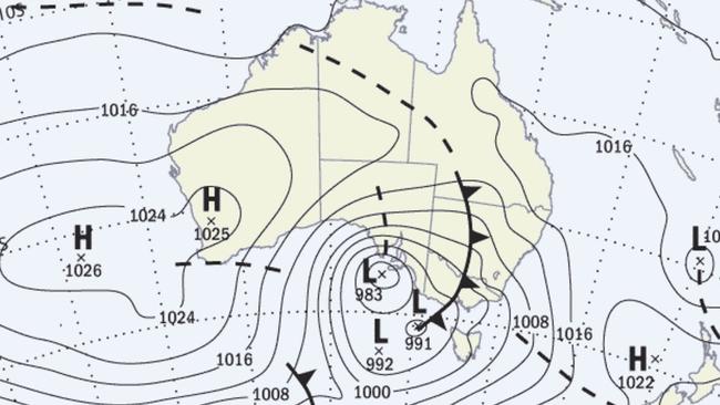 The synoptic forecast for 10am today. Picture: Courtesy Bureau of Meteorology