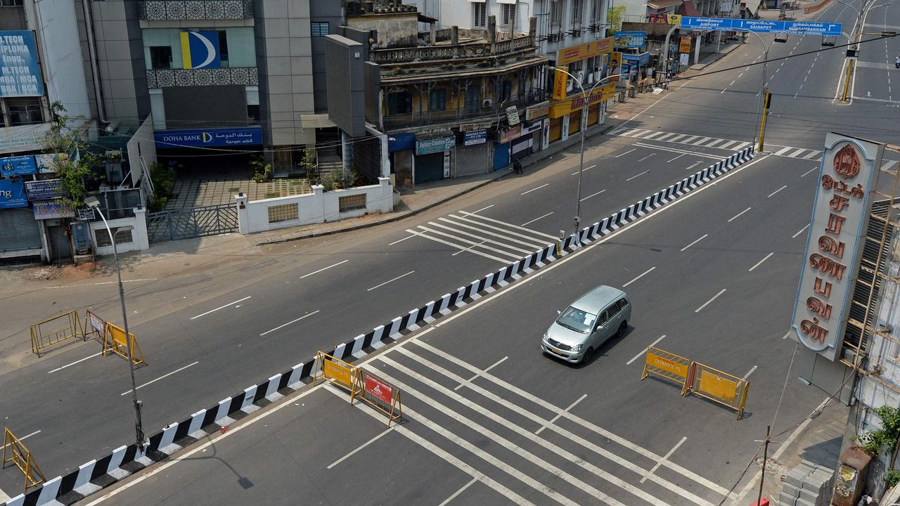 A partially deserted road is seen during the Sunday lockdown imposed as a preventive measure against the spread of the coronavirus in Chennai. Picture: Arun Sankar / AFP