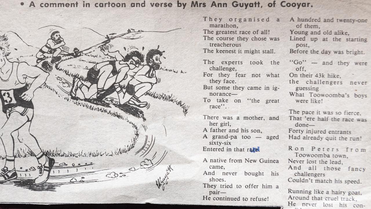 (COPY) A copy of a clipping from The Chronicle from 1982 featuring a poem and drawing about the Toowoomba Marathon by entrant Ann Guyatt. Ann will line up for the 5km event of the Toowoomba Marathon next month.