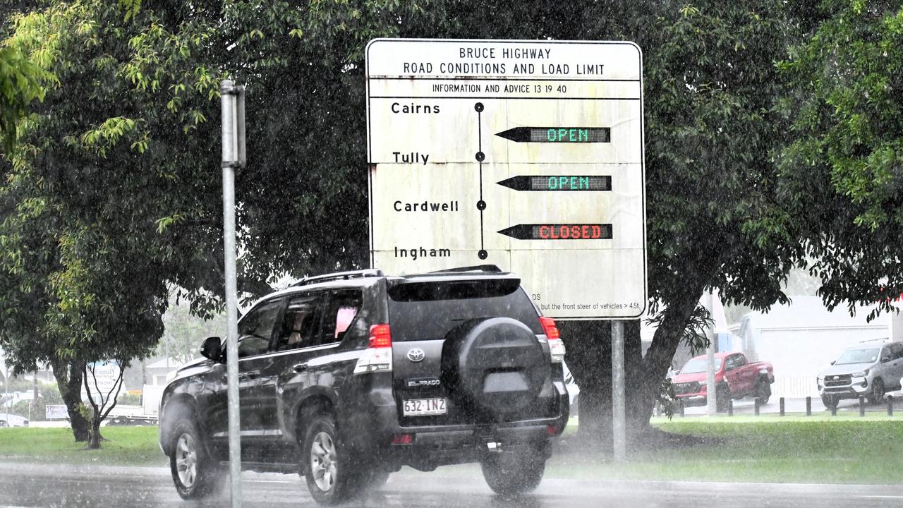 Widespread surface flooding has impacted parts of Ingham on Tuesday, with the flooding Seymour River cutting the Bruce Highway to the north of the Hinchinbrook town. Picture: Cameron Bates