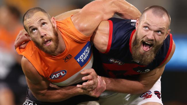 Shane Mumford of the Giants and Max Gawn of the Demons lock horns last season.