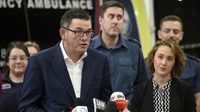 Victorian Premier Daniel Andrews and Minister for Ambulance Services, Gabrielle Williams hold a press conference after meeting new paramedic recruits in Melbourne. Picture: NCA NewsWire / Andrew Henshaw