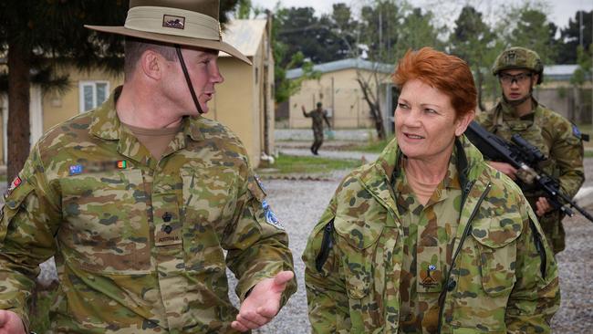 One Nation leader Pauline Hanson talks to Australian troops as part of the 2018 Australian Defence Force Parliamentary Program. Picture: ADF