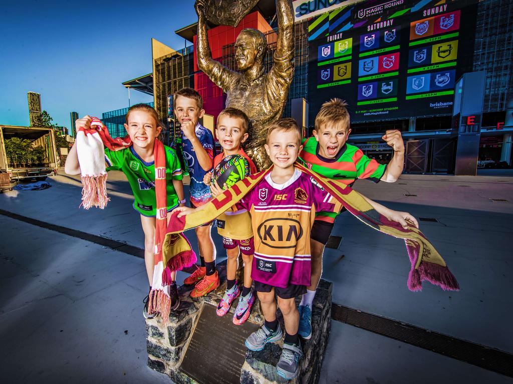 Fans enjoying life in the Magic Round fan zone. NRL Fans Zara Wood, 9, Will Hawken, 9, Sam Hawken, 6, Isaac Pushkey, 5 and Blake Pushkey, 9 are all set for Magic Round and the Fan Zone. Picture: Nigel Hallett