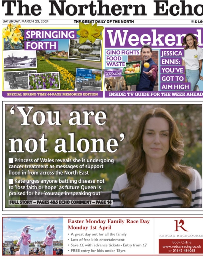 The Northern Echo lead with “you are not alone”. Picture: Twitter