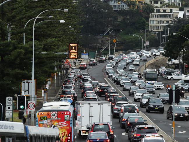 Traffic congestion on the Spit Bridge during the morning peak. Picture: Braden Fastier rush hour/ commute/ cars/ buses/ transport/ Sydney/ Northern Beaches/