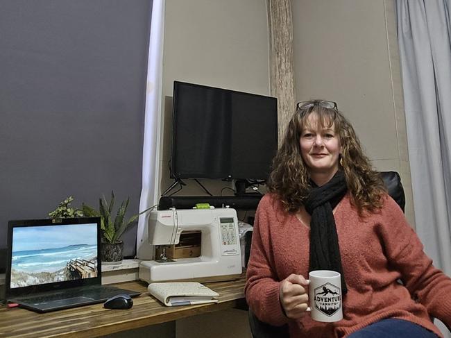 Myrtleford mother Michelle Nowicki inside her new home in northeast Victoria that is powered by her caravan. Picture: Supplied