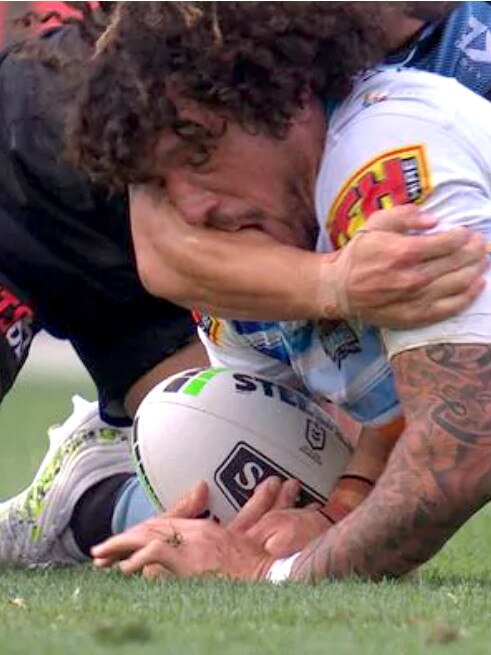 Cronulla Sharks Shaun Johnson tackled Gold Coast Titans Kevin Proctor in the second half and despite there seemingly being nothing untoward in the shot, replays seem to showed Proctor biting at Johnson’s arm. Picture Fox Sports