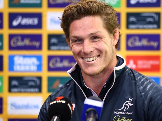 GOLD COAST, AUSTRALIA - JUNE 25: Co-captain Michael Hooper speaks to media during the Australian Wallabies Rugby Championship squad announcement at Sanctuary Cove on June 25, 2023 in Gold Coast, Australia. (Photo by Chris Hyde/Getty Images)